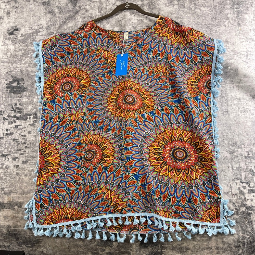 Yincra Boho Mandala Tassel Top NWT Size B Colorful Festival Poncho Style Shirt